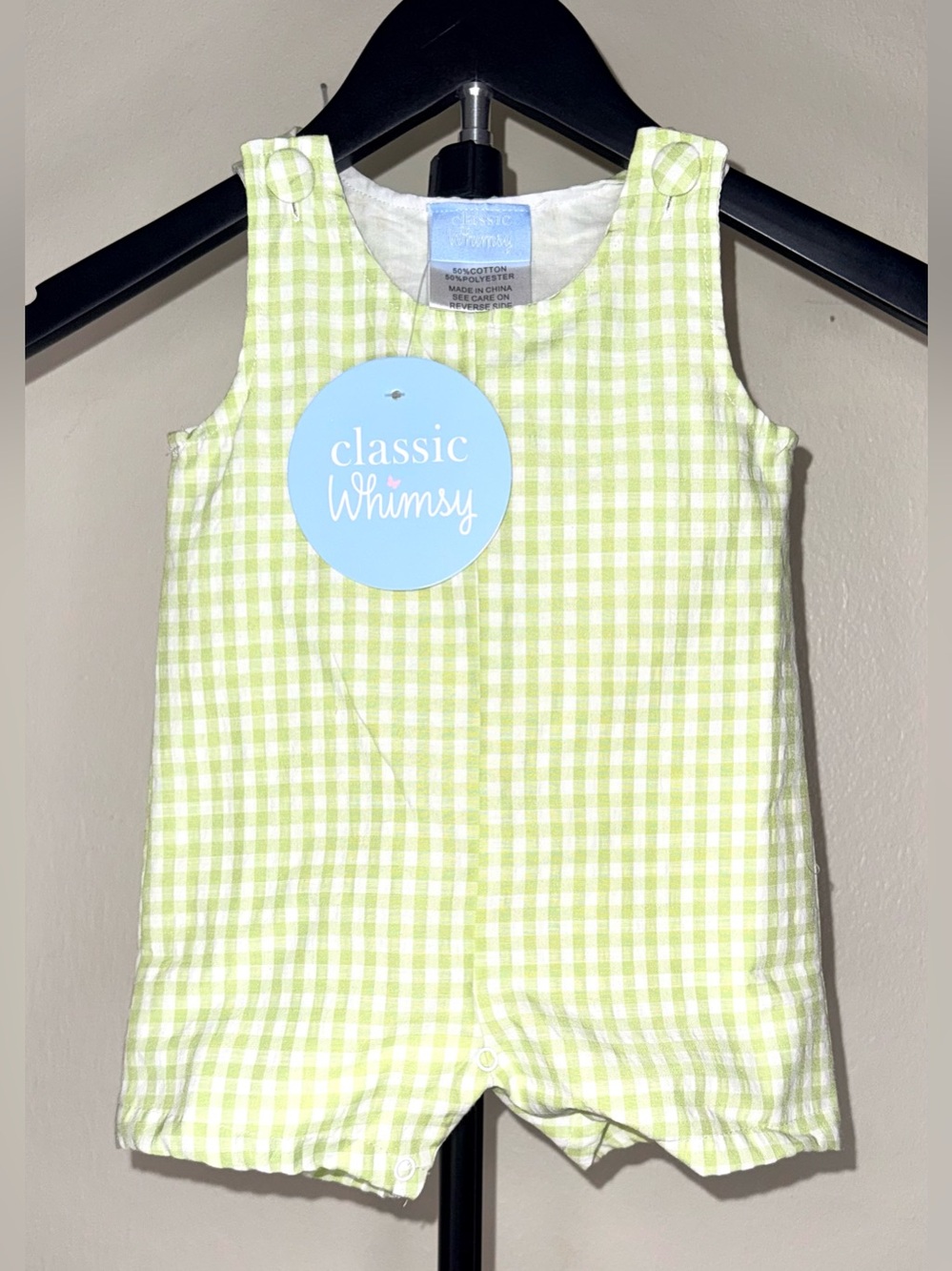Classic Whimsy Green Gingham Baby Romper, size 9 mos, NWT